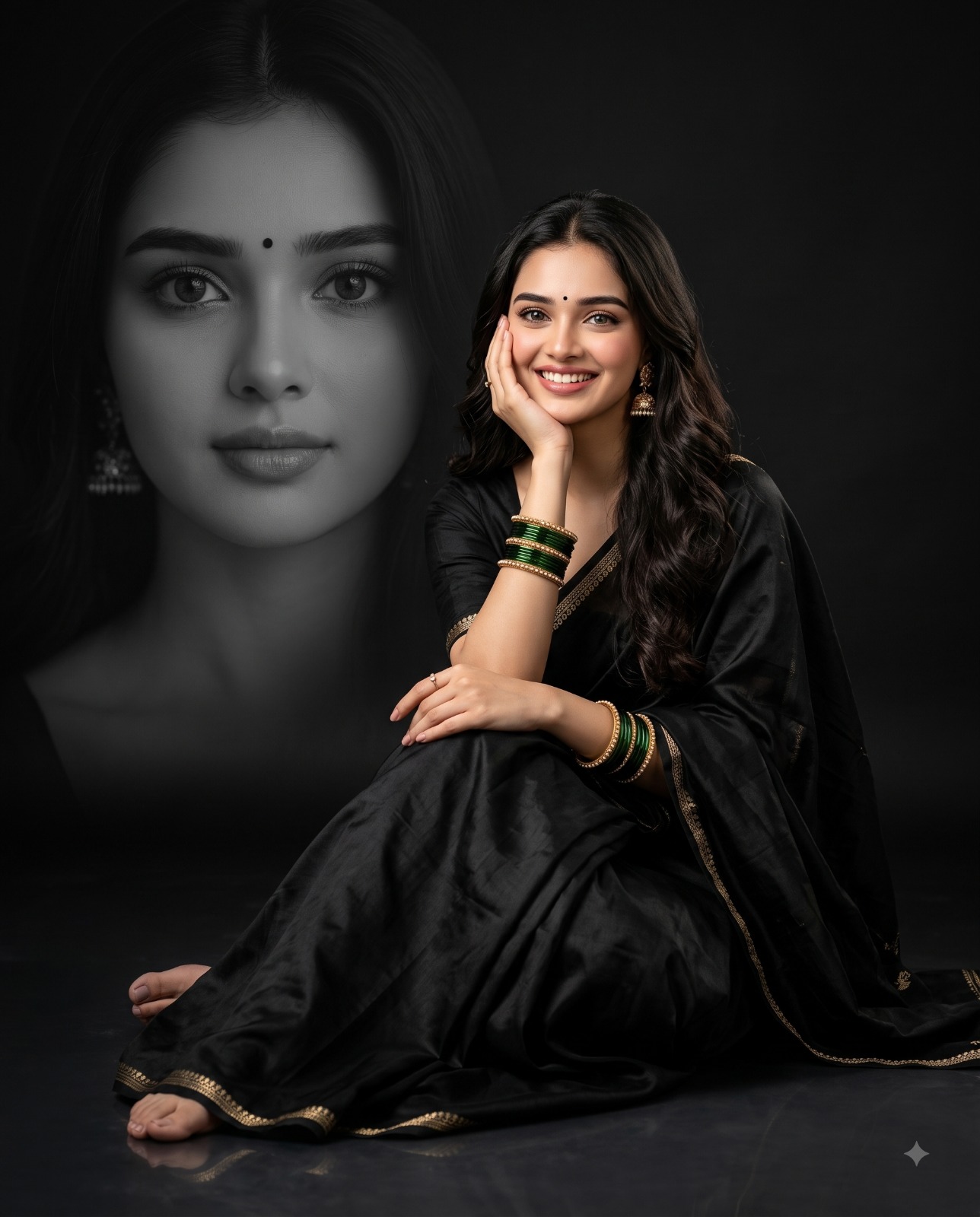 Black Saree Portrait with Monochrome Face Overlay Portrait