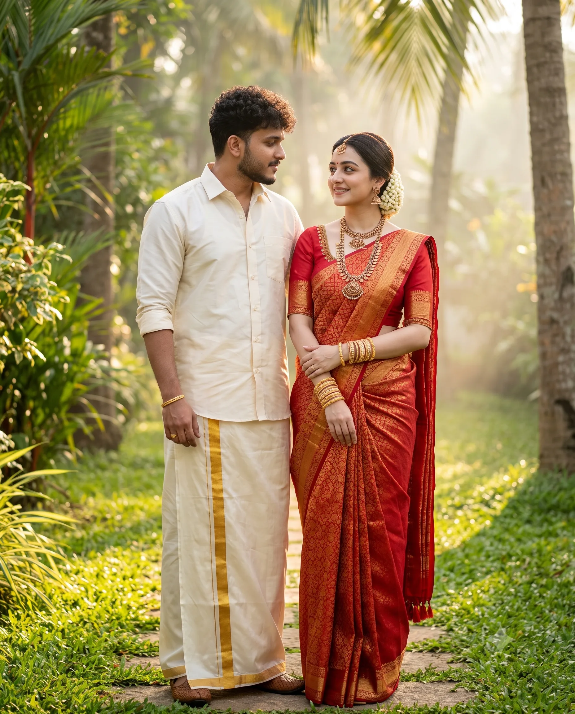 Traditional Kerala Garden Wedding Couple Portrait