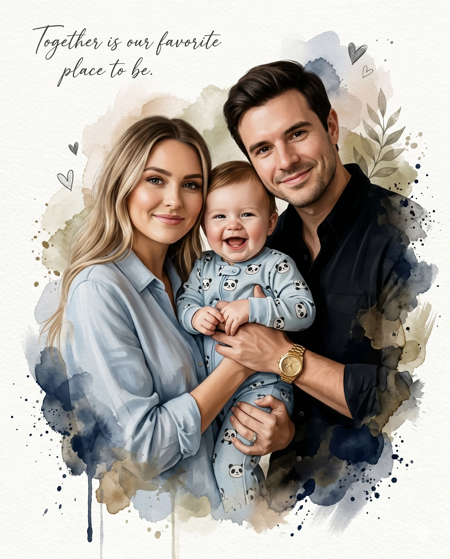 Vibrant Watercolor Family Love Portrait