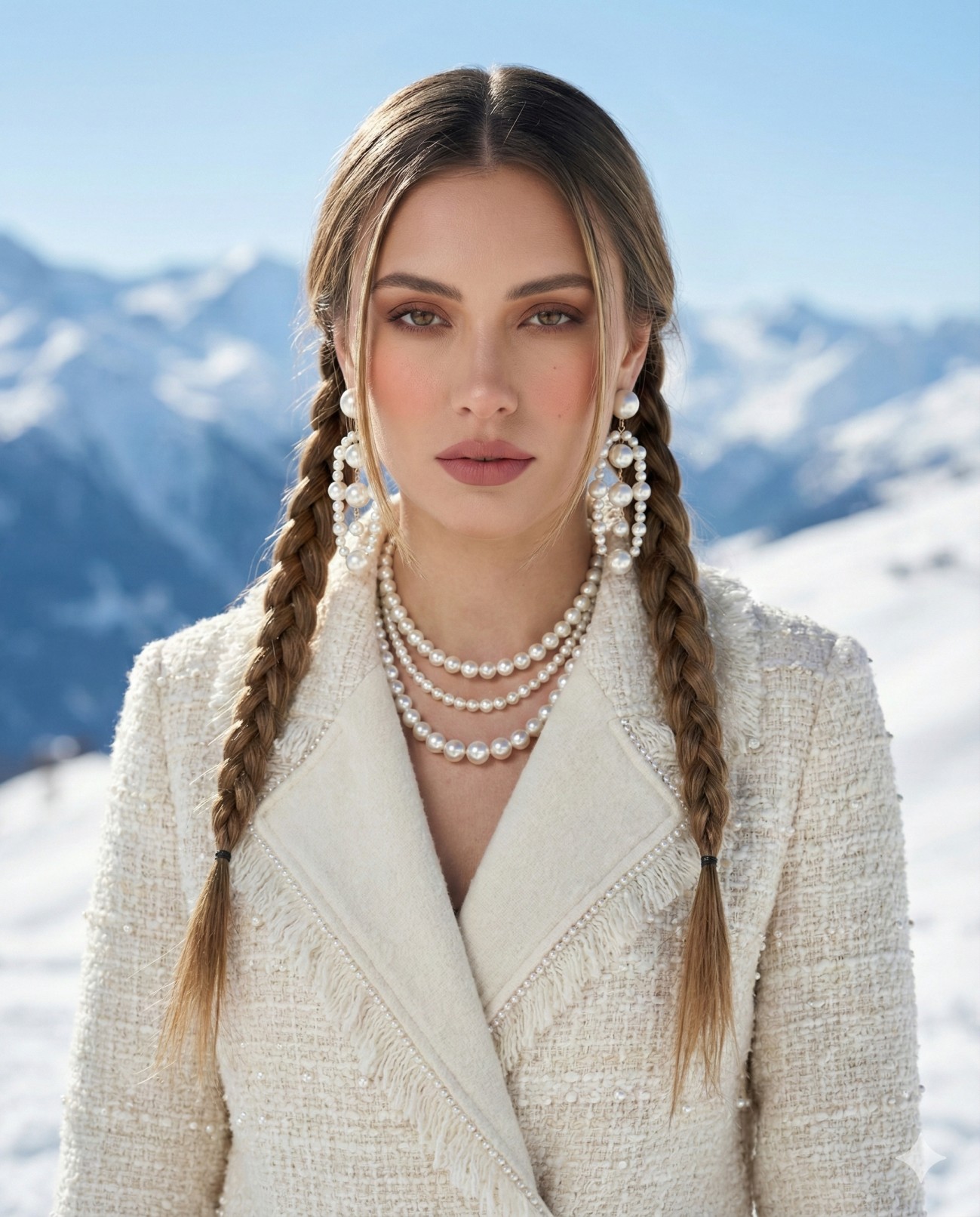 Braids Pearls Snowy Mountain Peak Beauty Portrait