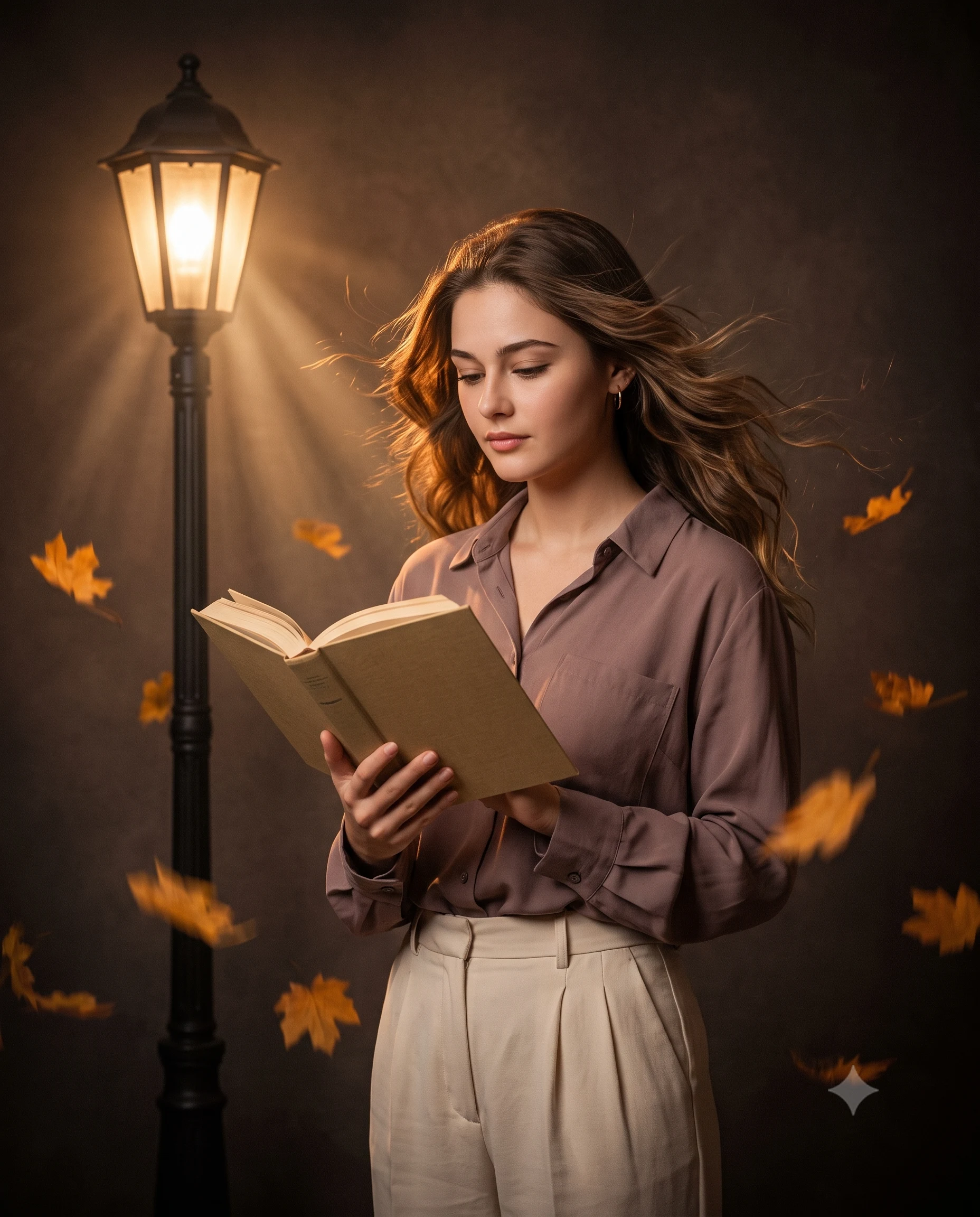Cinematic Night Street Lamp Reading Portrait