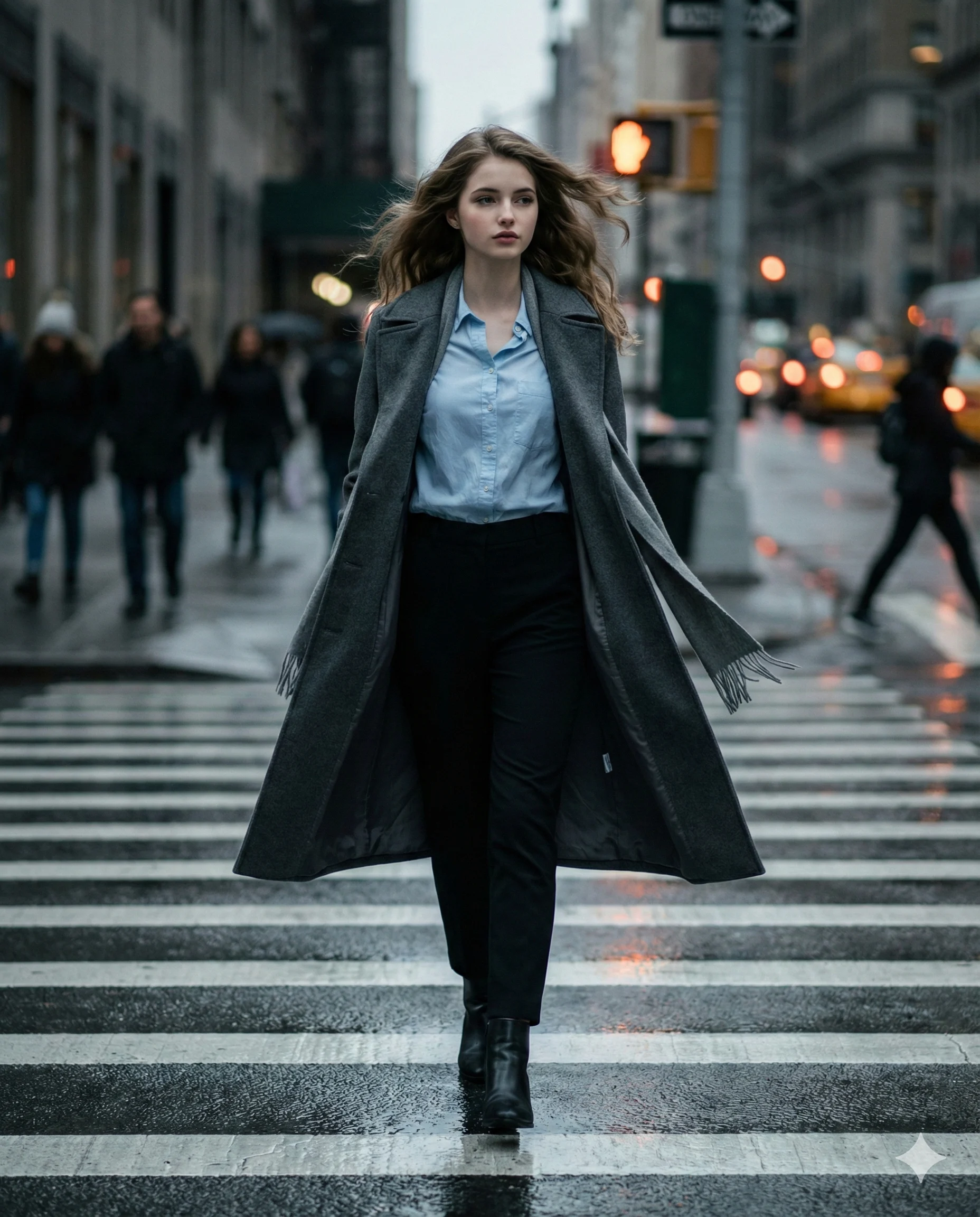 Grey Coat Woman Walking City Crosswalk Portrait