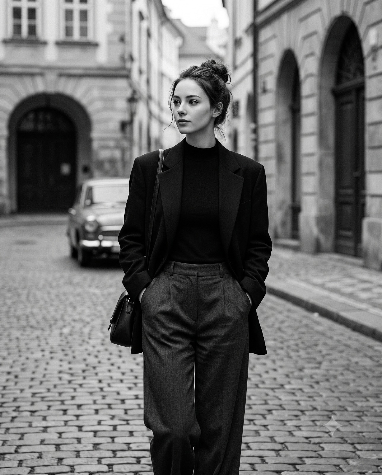 Old Town Stroll Black Portrait