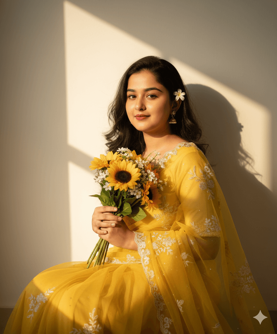 Sunlit Yellow Saree Floral Garden Portrait